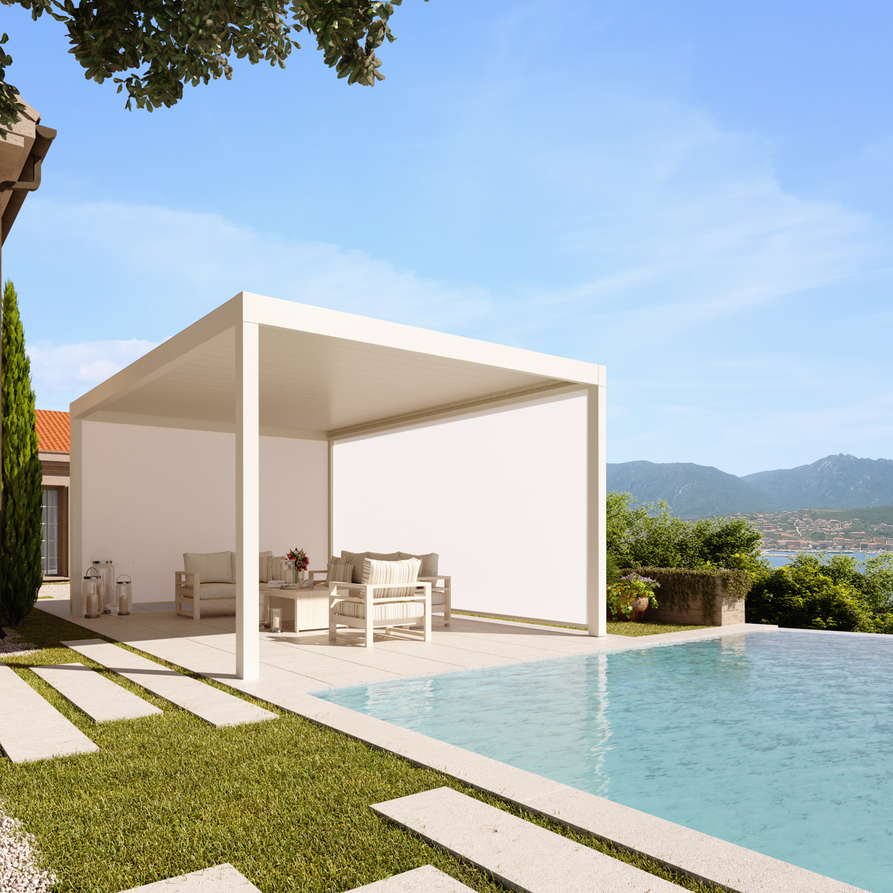 BRISA 5M X 3M LUXURY FREE STANDING MOTORISED PERGOLA WITH AUTO BLINDS INCLUDING DELIVERY & INSTALLATION