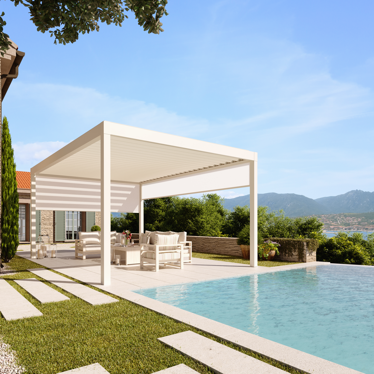 BRISA 4M X 4M LUXURY FREE STANDING MOTORISED PERGOLA WITH AUTO BLINDS INCLUDING DELIVERY & INSTALLATION