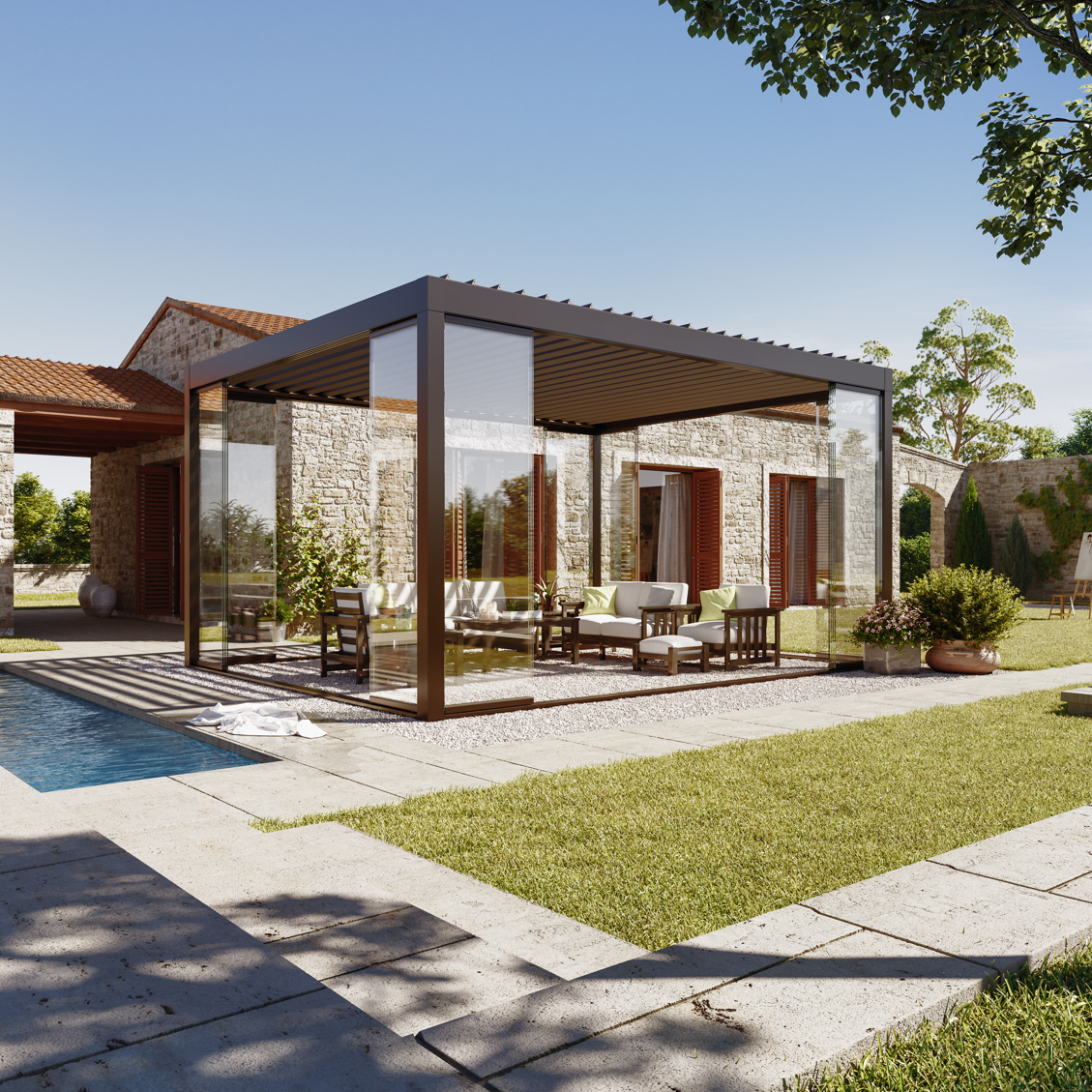 BRISA 4M X 3M LUXURY FREE STANDING MOTORISED PERGOLA WITH GLAZING INCLUDING DELIVERY & INSTALLATION