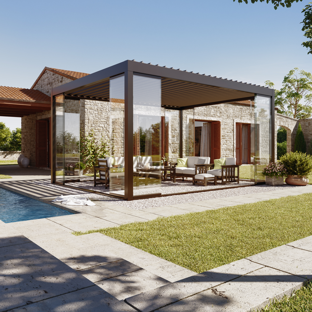 BRISA 3M X 3M LUXURY FREE STANDING MOTORISED PERGOLA WITH GLAZING INCLUDING DELIVERY & INSTALLATION